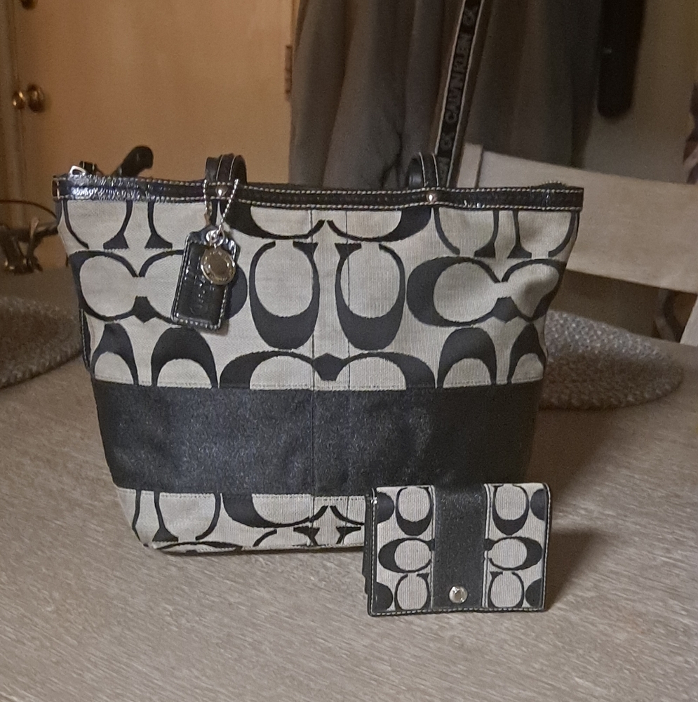 Coach Black and Gray Women's Stripe Tote Bag & Wallet